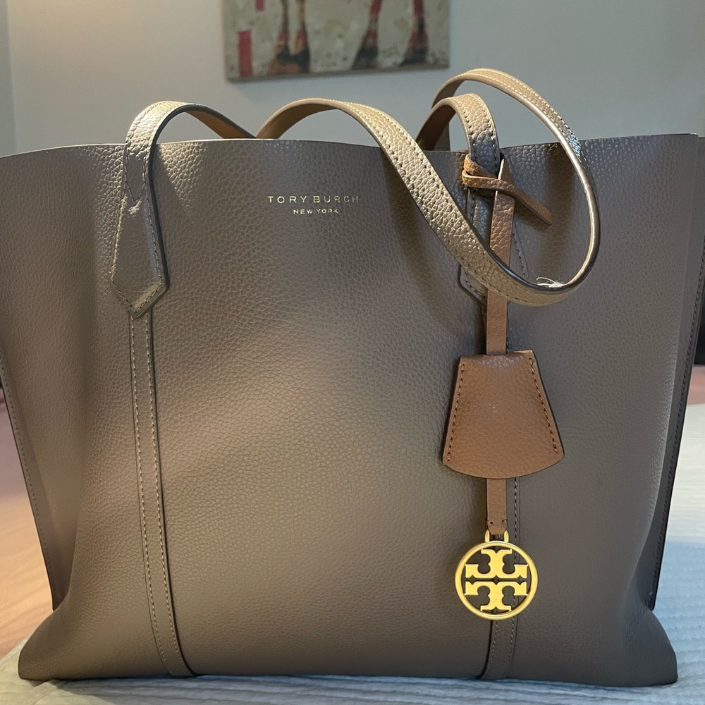 Tory Burch Perry Triple-Compartment Tote • Gray Pebbled Leather • Boutique Find